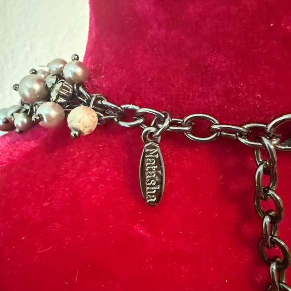 Natasha Couture Silver Pearls and Rhinestones Bib Necklace - Picture 4 of 5